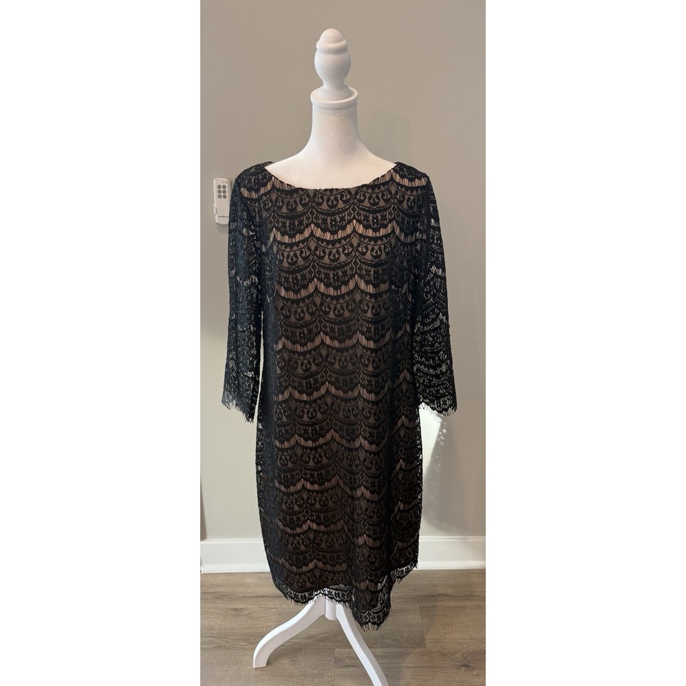 Jessica Howard Size 14 Black Lace Overlay Evening Dress Midi 3/4 Sleeves